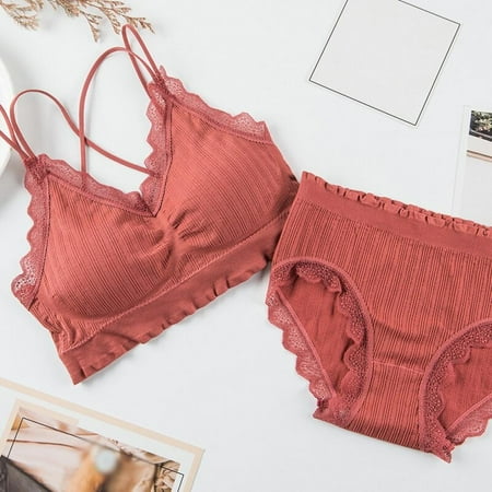 

Elaydool Women s Lace Deep V Bra Set Beautiful Back Wrapped Chest Mid-Length Bottoming Vest Wireless Push Up Underwear