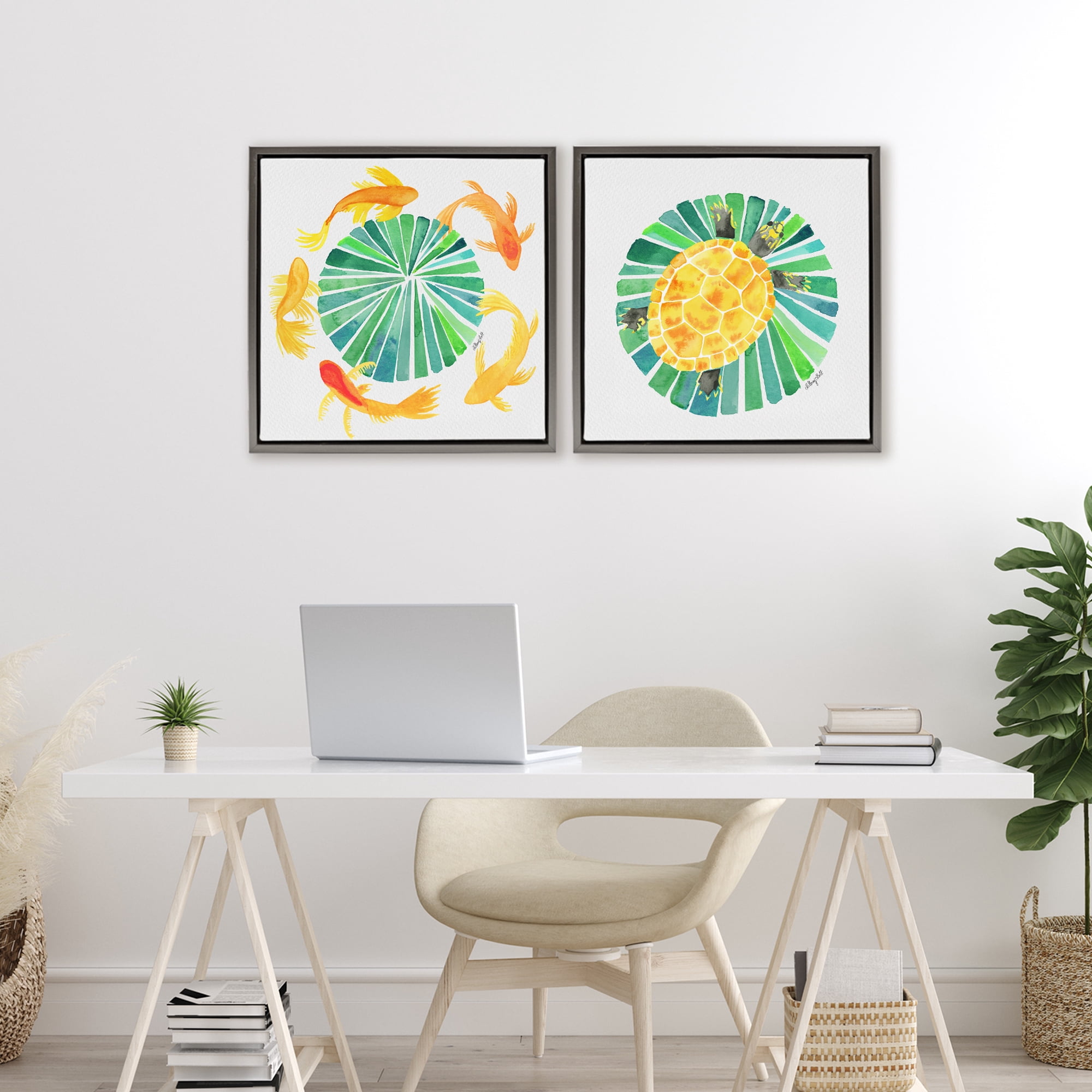 Stupell Industries Orbital Aquatic Creatures 2 Piece Gray Framed Floater Canvas Set, design by Hillary Holt