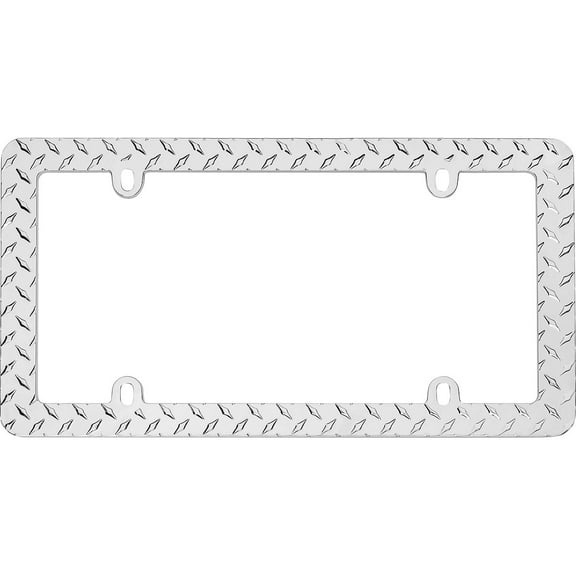Diamond Plate Chrome License Plate Frame Metal /w Screw Caps