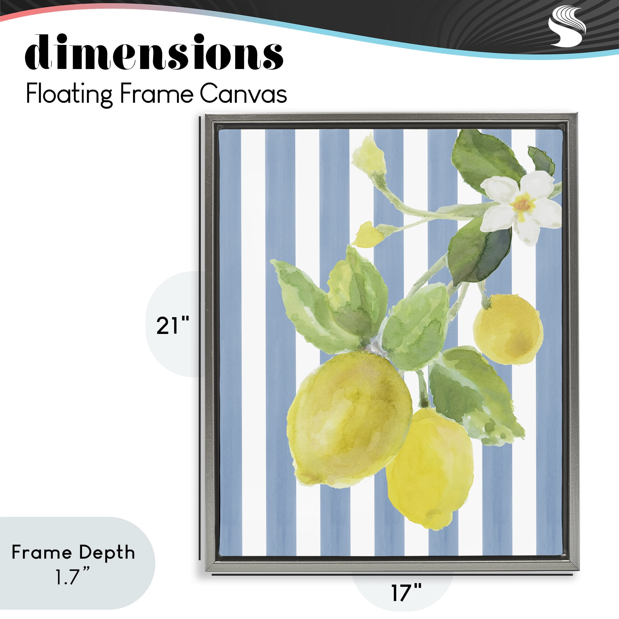 Stupell Industries Lemon Blossom on Blue Stripes Gray Framed Floater Canvas Wall Art, design by Lanie Loreth