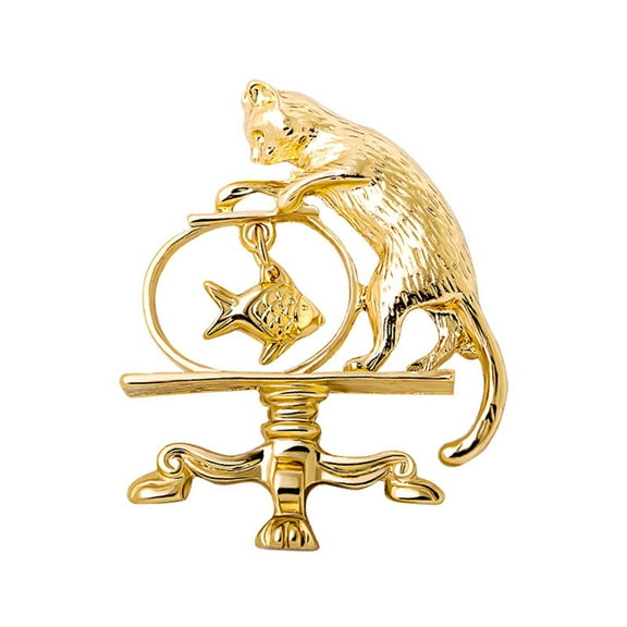 SIEYIO Vintage Cute Cat and Fish Brooch Female Casual Lapel Pin Gold Color Badge Gift