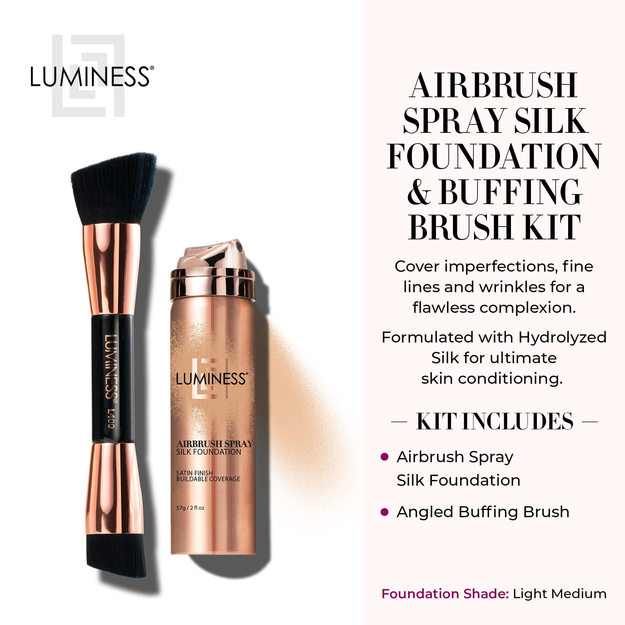LUMINESS Silk Airbrush Spray Foundation & Buffing Brush Kit – Full Coverage Foundation & Dual-Sided Buffing Brush - Buildable Coverage, Anti-Aging Formula Hydrates (Shade - Light Medium)