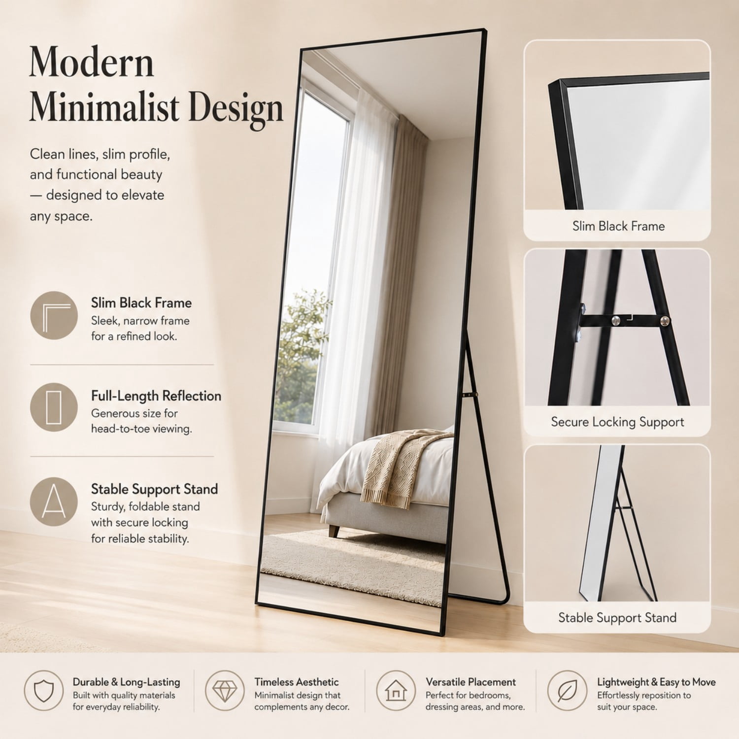 BEAUTYPEAK 64"x21" Full Length Mirror Rectangle Body Dressing Floor Standing Mirrors, Black