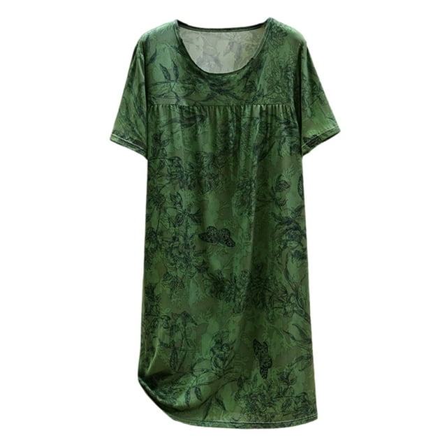 GPOECD Robe de Nuit d'Été pour Femme à Manches Courtes et Col Rond, Mince, Grande Taille, Ample, Imprimée, Pyjama pour Femmes, Douce en Viscose, Tenue d'Intérieur 16_Green,One Size