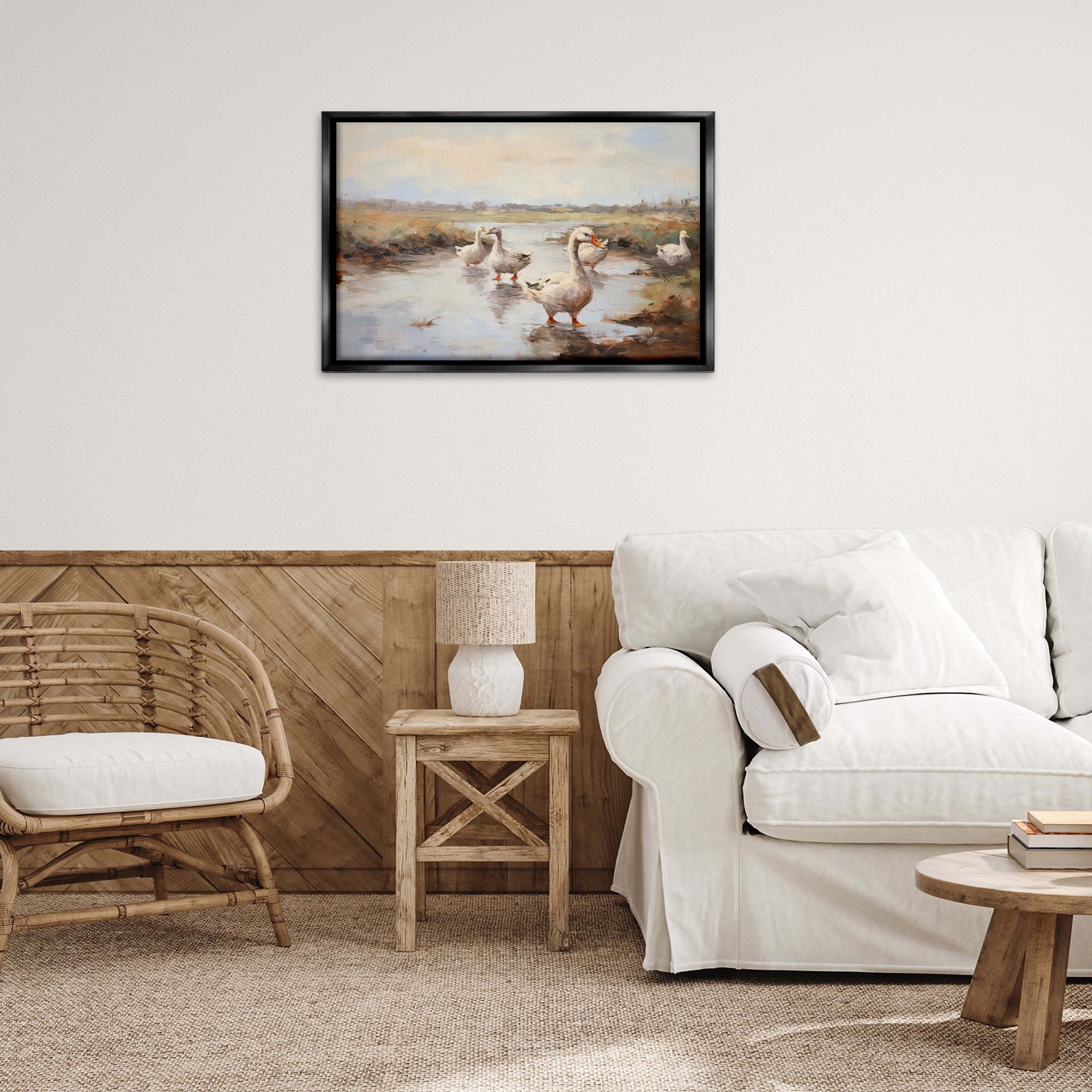 Stupell Industries Swan Family Traditional Pond Landscape & Nature Painting Black Floater Framed Canvas Art Print Wall Art, 31 x 21