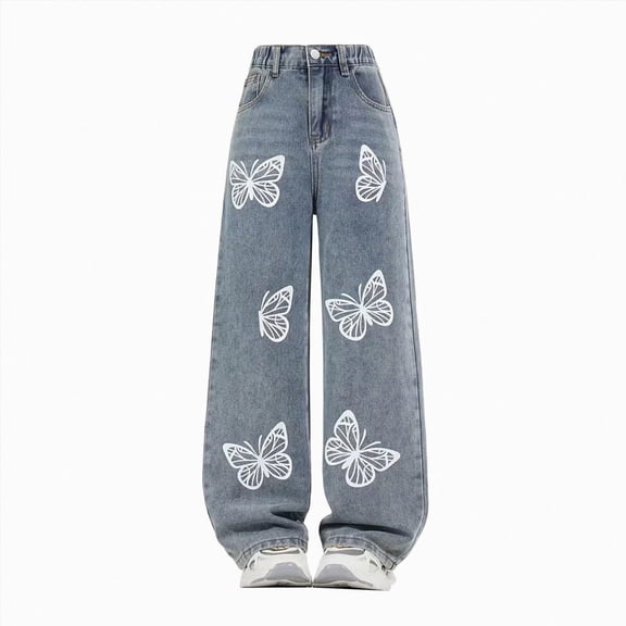 TTUHYWXI Girl's Wide Leg Baggy Jeans Denim Pants Vintage Loose Fit Long Trousers Streetwear (Blue,13-14 Years)