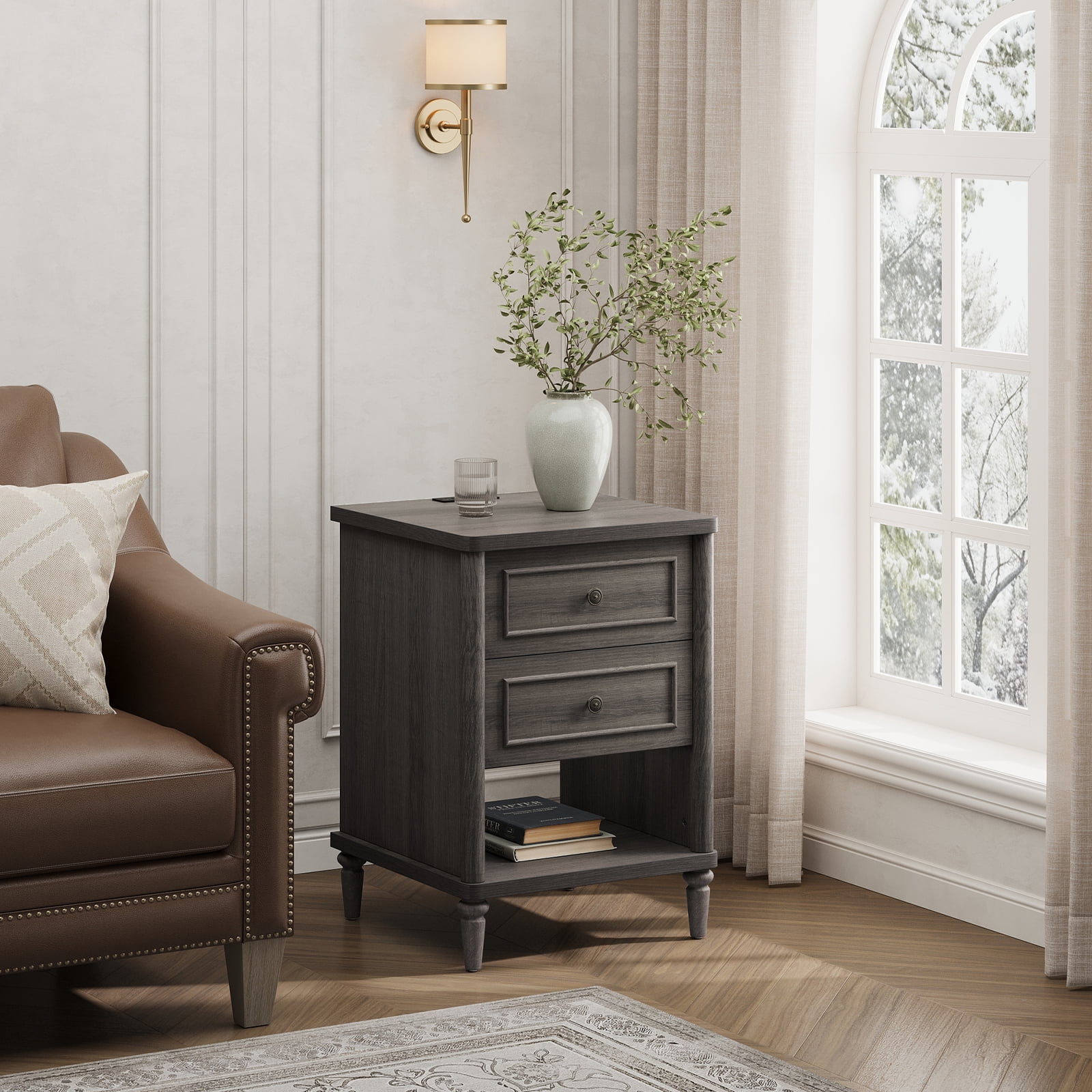 Bestier Farmhouse Nightstand with 2 Drawers, Wood Bedside Table with Charging Station, Sofa Side End Table Night Stand for Living Room, Bedroom, Home Office, Gray