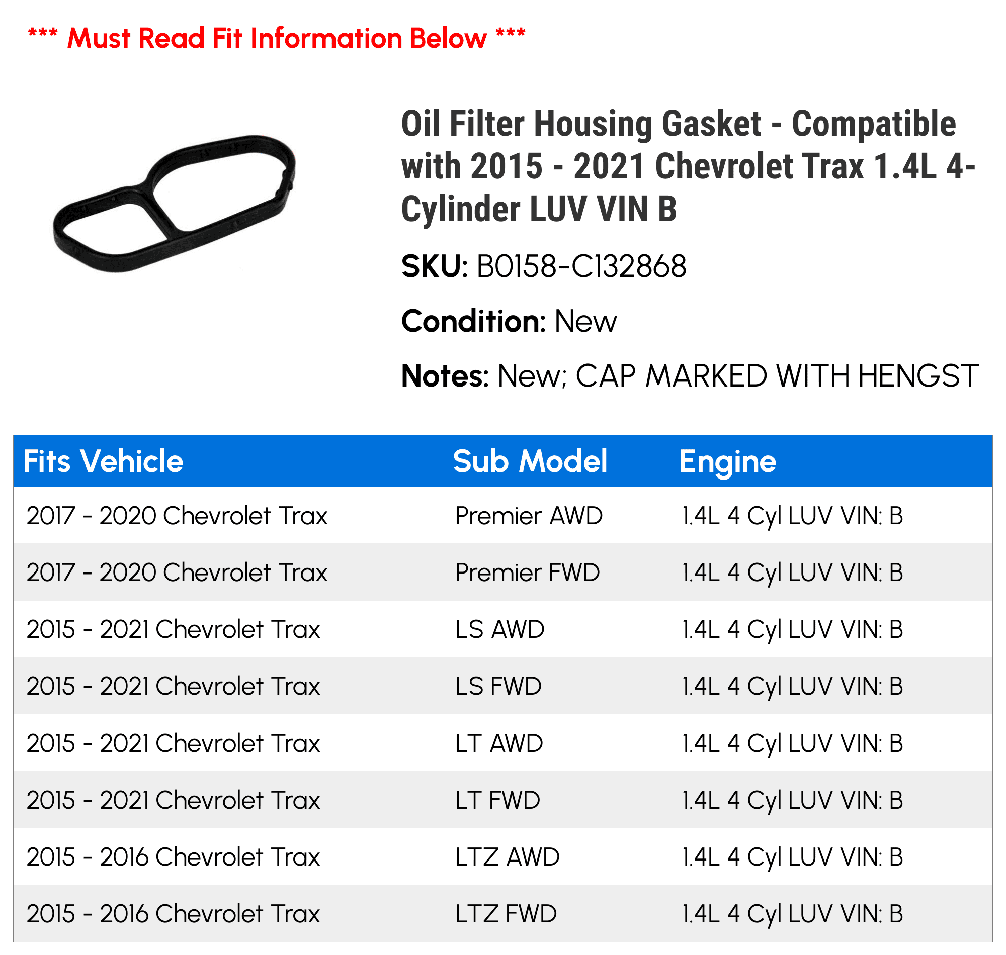Oil Filter Housing Gasket - Compatible with 2015 - 2021 Chevrolet Trax 1.4L 4-Cylinder LUV VIN B - AC Delco