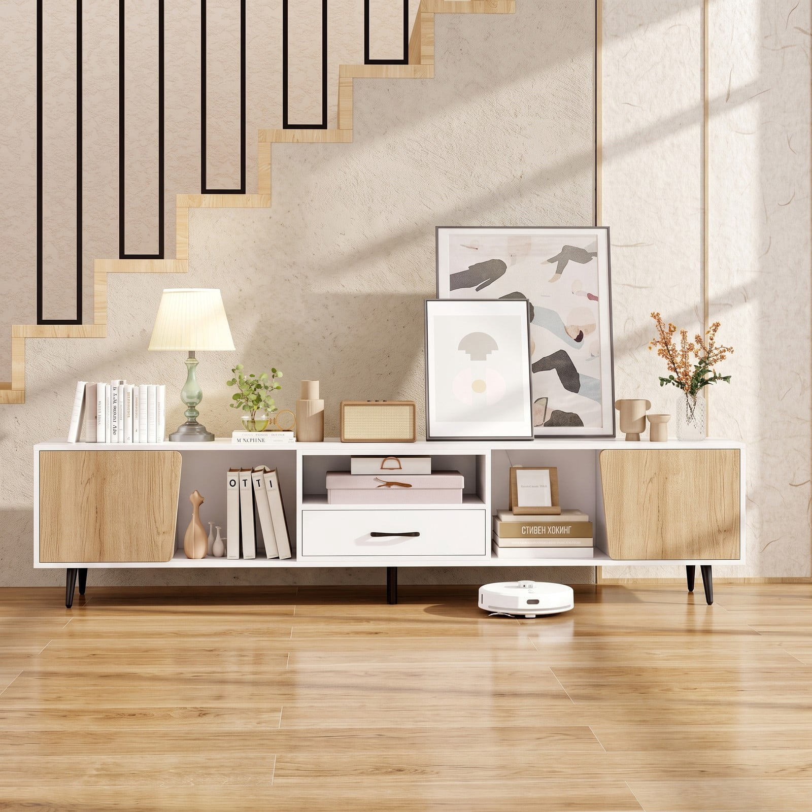 Furnibear 79 Inch TV Stand for TVs up to 90 Inches, Modern Mid Century Wood Entertainment Center Media Console Table with Storage Cabinet for Living, White and Black