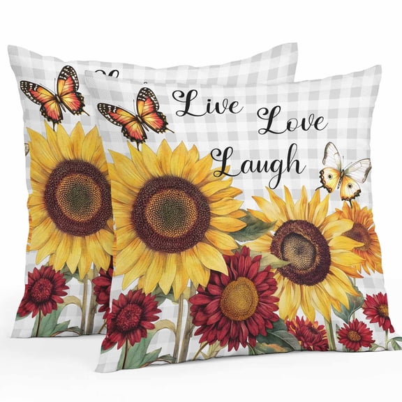 Waterproof Throw Pillow Covers Set of 2, 18x18 Inch Sunflower Gray Check Decorative Pillowcases Outdoor Pillow Slip Cushion Covers Set for Couch Tent Farmhouse Flowers Butterfly