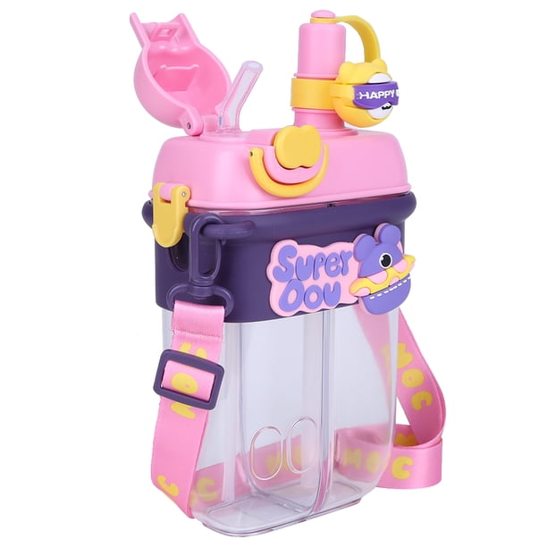 Botella de agua de 800ML con correa ajustable para botella de agua para niños con pajita doble