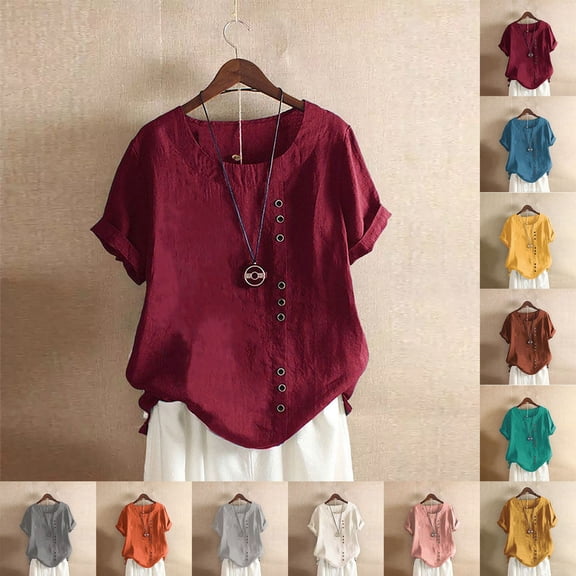 QHWAUAKFBN T Shirts For Women Trendy Loose Fit Plus Size Cotton Linen Loose Tunic Breathable & Comfortable Boho Blouse Tshirts Top