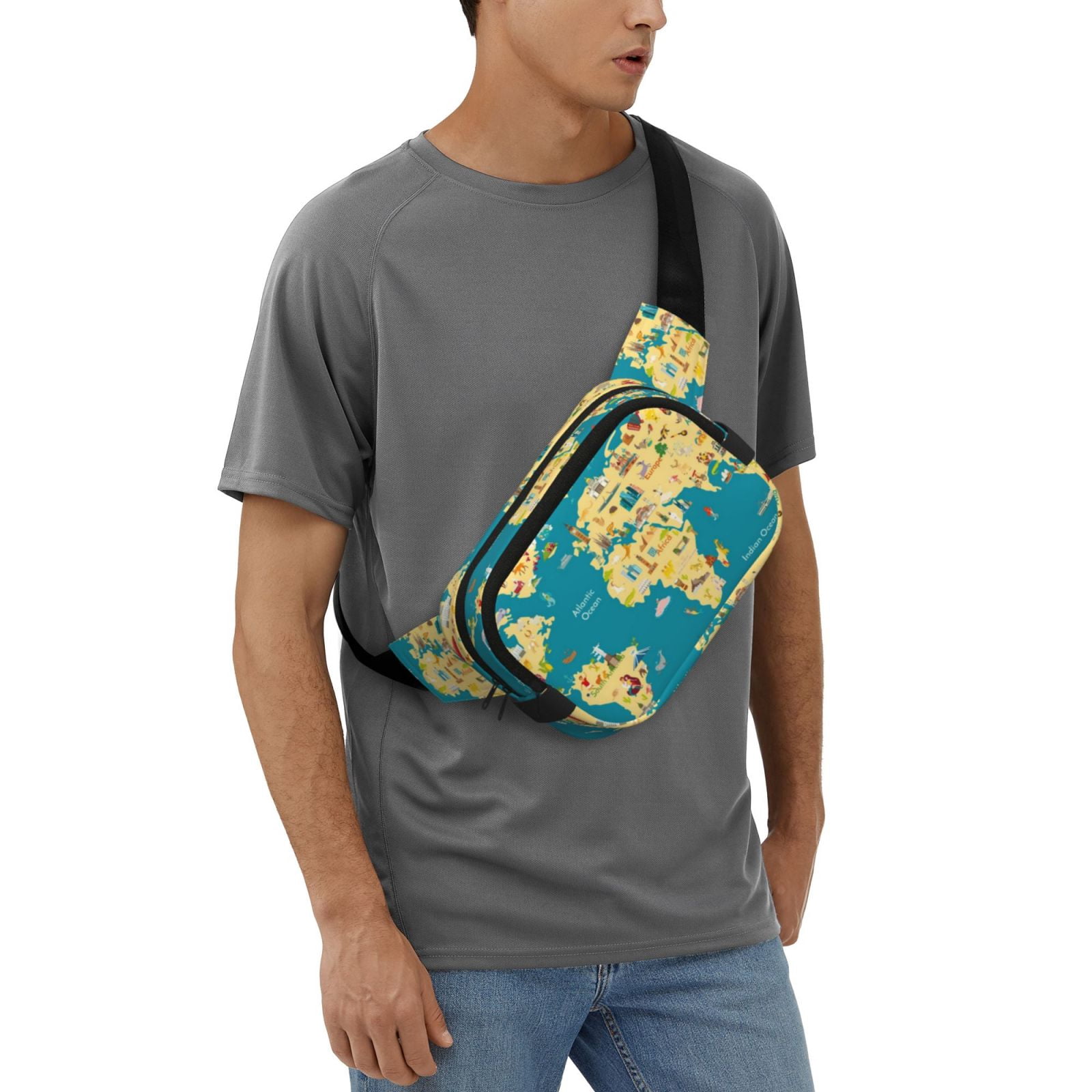 Picia World Map With Landmarks Print Square Double-Layer Waist Bag Mini Adjustable Waist Belt Bag Exercise Running Travel Hiking