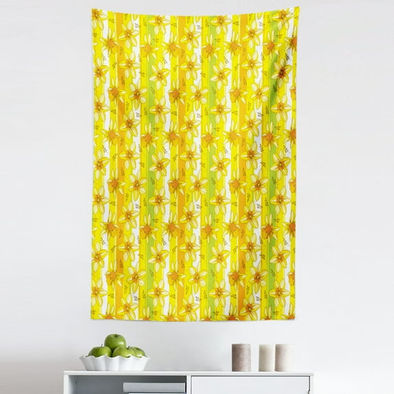 Yellow Flower Tapestry, Floral Spring Narcissus and Daffodil Jonquil Blooms Striped Backdrop, Fabric Wall Hanging Decor for Bedroom Living Room Dorm, 5 Sizes, Yellow Apple Green, by Ambesonne