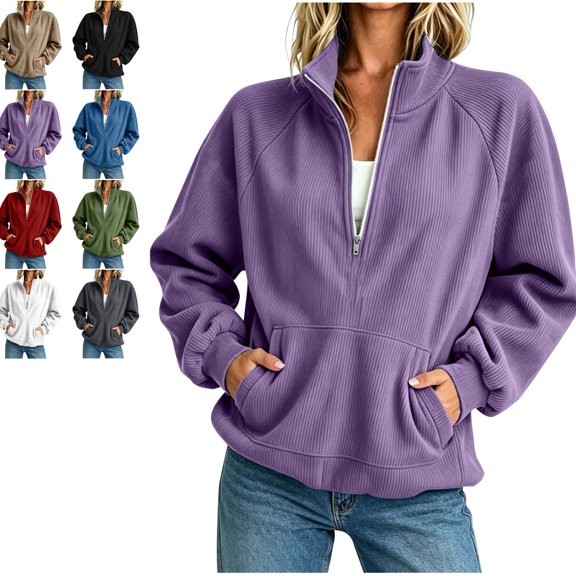 MLCDZ Women Corduroy Sweatshirt Casual Long Sleeve Collared Half Zip Pullover Lightweight Casual Loose Fit Comfortable Outdoor Sports Gym Tops