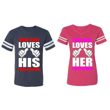 This Guy Lovs His Her Girlfriend Boyfriend Matching Couple Cotton Jerseys (Men Navy / Women Pink) (Men XL / Women XXL)