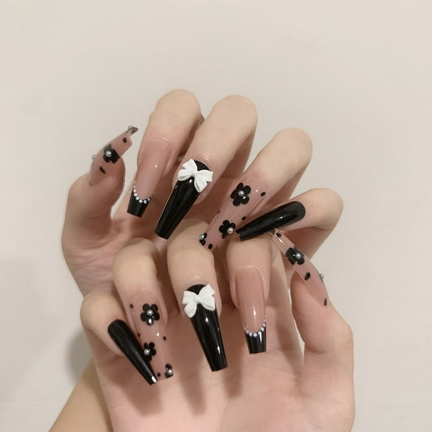 Uñas postizas cuadradas, uñas postizas cortas, acrílico francés, cobertura completa, uñas postizas para niñas, uñas largas bonitas a presión para Navidad
