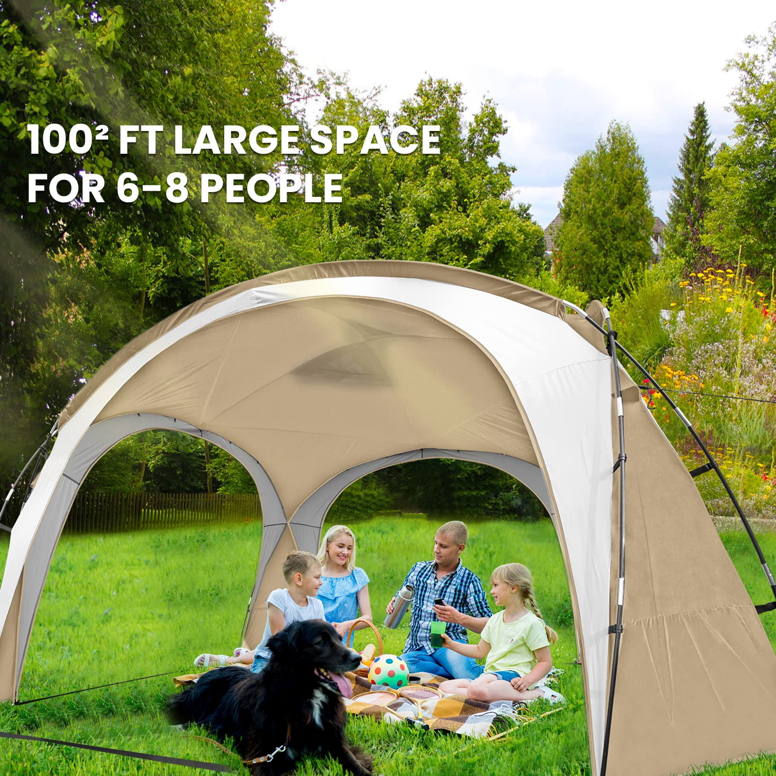 UNP Easy Beach Tent 12 X 12ft Pop Up Canopy UPF50+ Tent with Side Wall, Ground Pegs, and Stability Poles, Sun Shelter Rainproof, Waterproof for Camping Trips, Backyard Fun, Party Or Picnics (Khaki)