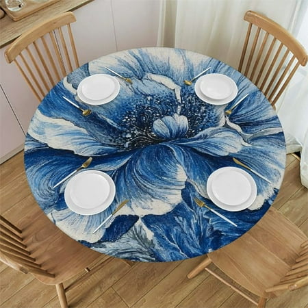 

Leisuo Flowers Blue Detailed Round Table Cover 100% Polyester Fiber 46 -50