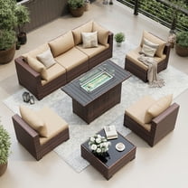 UDPATIO Patio Furniture Sets, Modular Rattan Outdoor Patio Sectional Furniture with 44" Fire Pit Table,, Wicker Patio Conversation Set for Backyard, Deck, Poolside w/Glass Coffee Table, 7PC Khaki