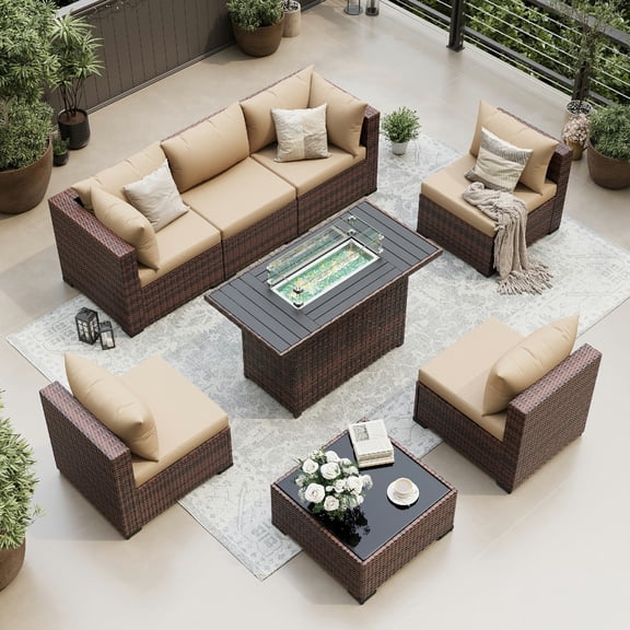UDPATIO Patio Furniture Sets, Modular Rattan Outdoor Patio Sectional Furniture with 44" Fire Pit Table,, Wicker Patio Conversation Set for Backyard, Deck, Poolside w/Glass Coffee Table, 7PC Khaki