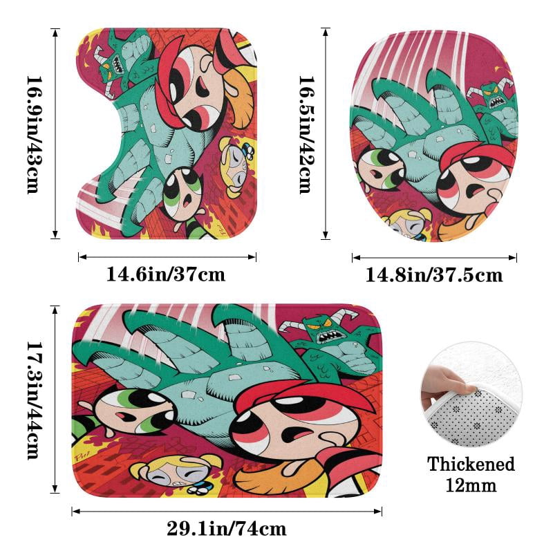 Lheaggik Cartoon Powerpuff Girl 4 Pcs Bathroom Sets with Shower Curtain and Rugs, Waterproof Polyester Shower Curtain Sets with Hooks