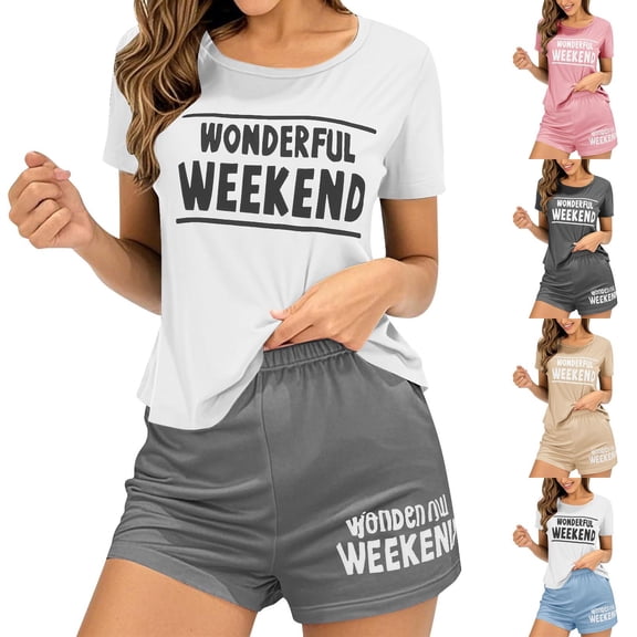 TAGOLD Womens Pajama Set Round Neck Short Sleeve Soft Breathable Summer Casual Elastic Waist Lightweight Shorts Loungewear Set