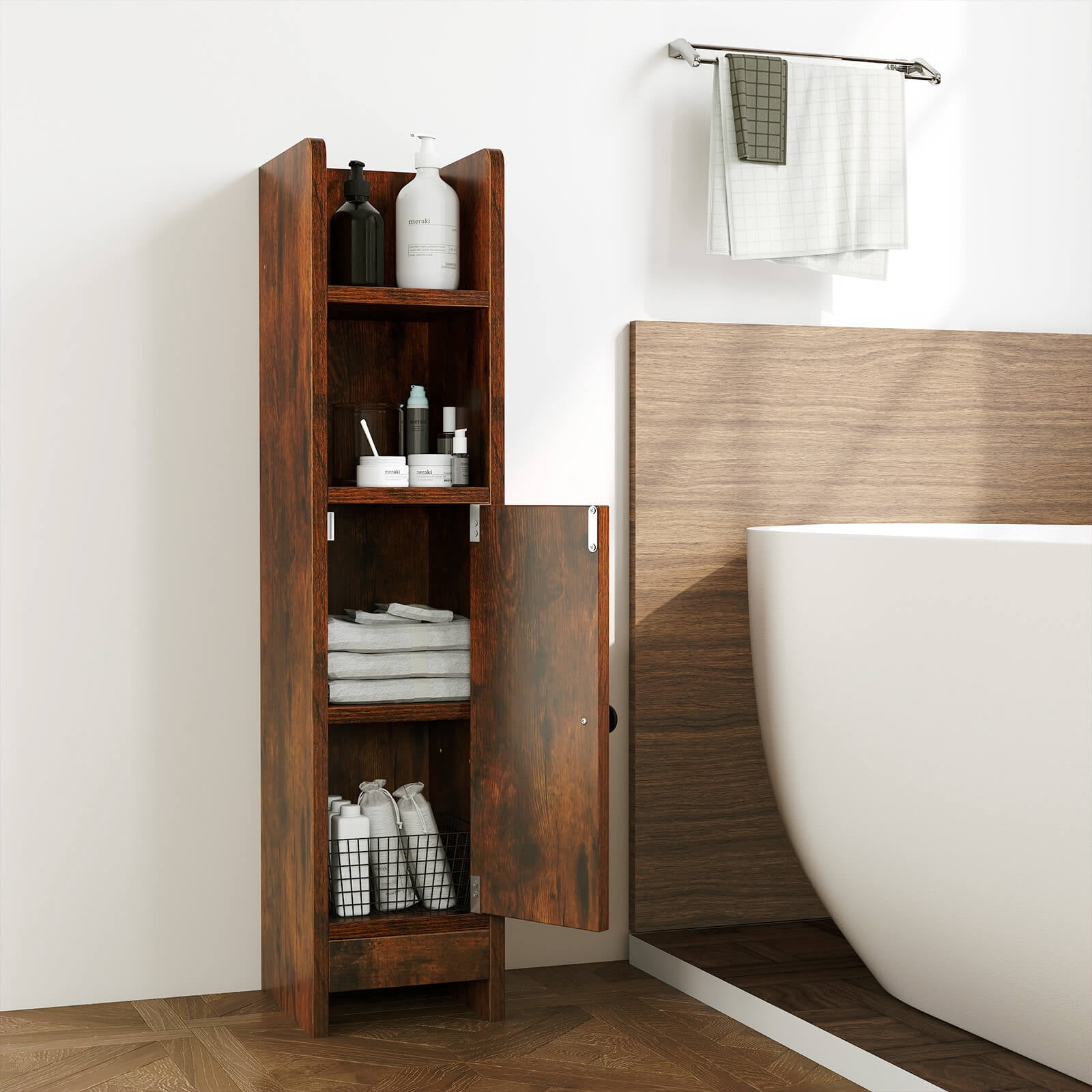 Costway Bathroom Storage Cabinet with Adjustable Shelf 1 Door & 2 Open Shelves Living Room Brown