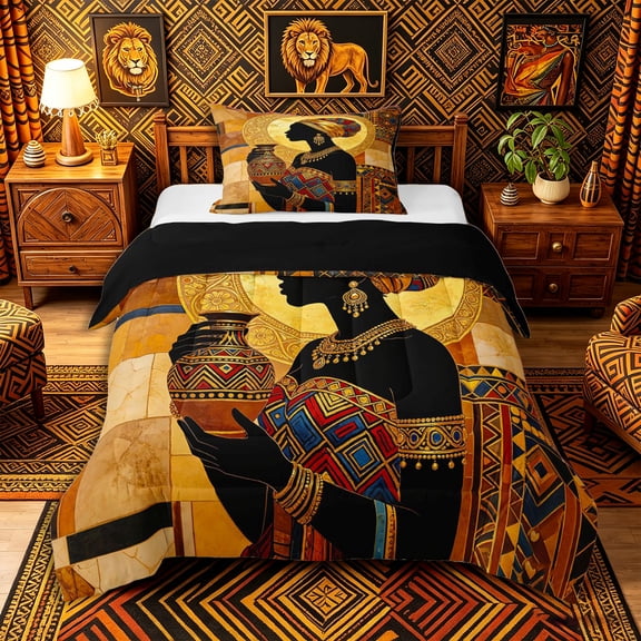 Castle Fairy Mosaic African Woman Holding Vase Twin Comforter Sets 2pcs,Geometric Gold Halo Pattern Bedding Set,Brown Blue Red,Black Reversible,1 Comforter and 1 Pillowcase