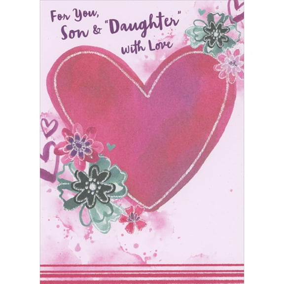 Designer Greetings Large Pink Heart with Thin Sparkling Border and Pink and Green Glittery Flowers Valentine's Day Card for Son and 'Daughter'
