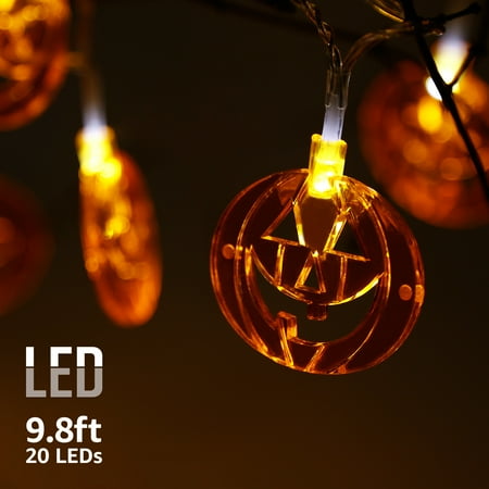 Wicker Pumpkin With Lights Halloween Copper Wire Decorative Lights with Flat Pumpkins Pendants, String Lights, Battery Powered, Indoors & Outdoors Waterproof, 8 Modes, 9.8ft 20 LEDs ()