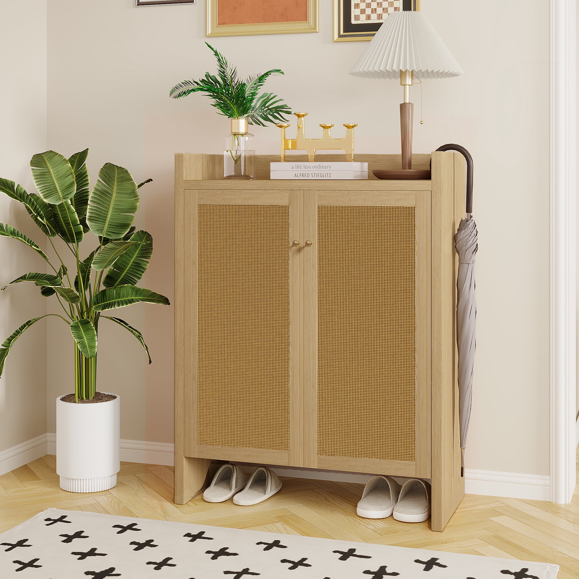 Mintazer 6 Tier Shoe Cabinet with Rattan Door & Umbrella Hook, Shoe Storage Organizer with Adjustable Shelves for Entryway Hallway Living Room, Natural