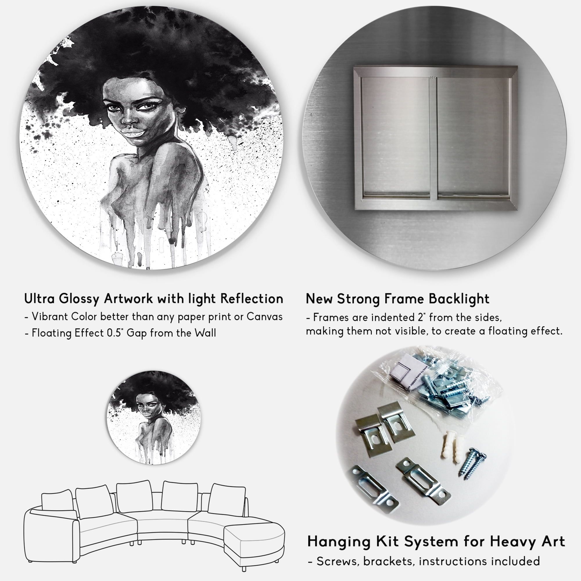 Designart 'Black and White Portrait of African American Woman III' Modern Circle Metal Wall Art 36x36 - Disc of 36