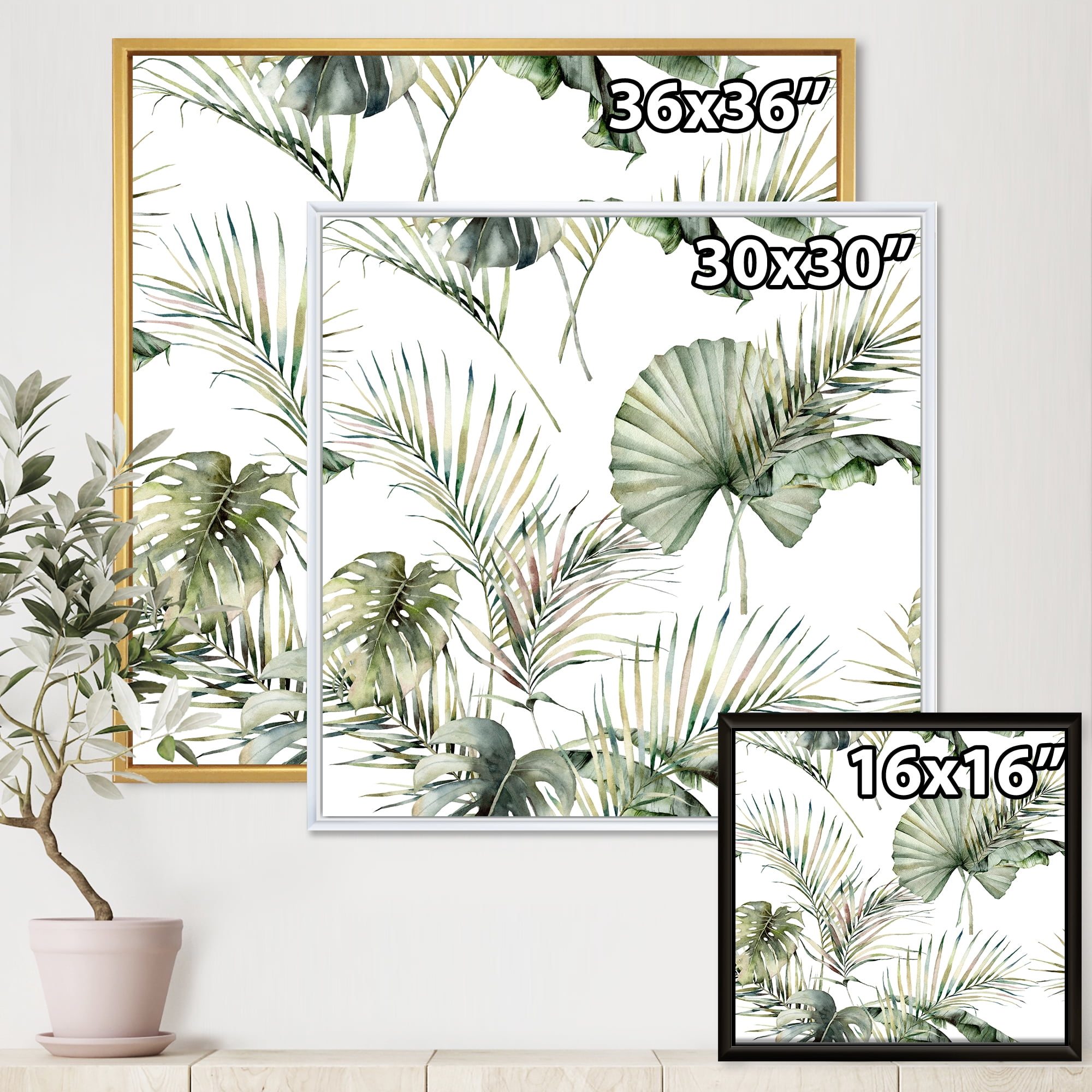 Designart 'Monstera and Coconut Leaves With Tropical Pattern' Traditional Framed Canvas Wall Art Print
