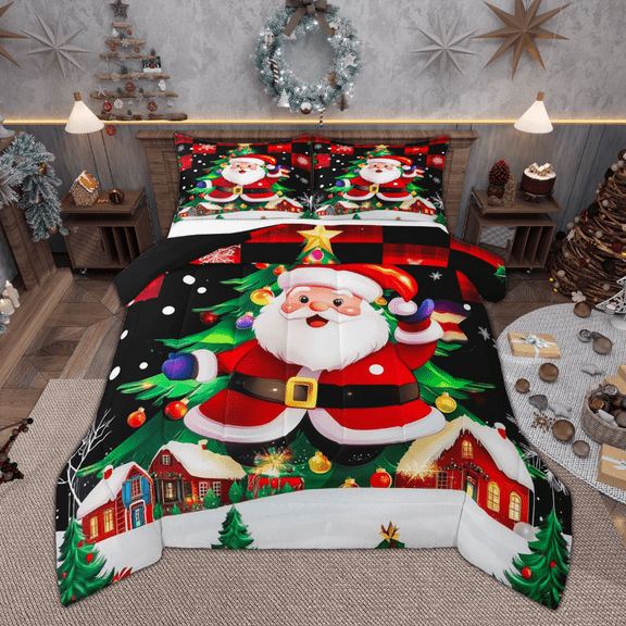 Manfei Santa Claus Bedding Comforter Set for Kids, Christmas Tree Twin Comforter Sets, Gingerbread House Bedding Set, Breathable Home Decor, Reversible 2-Piece