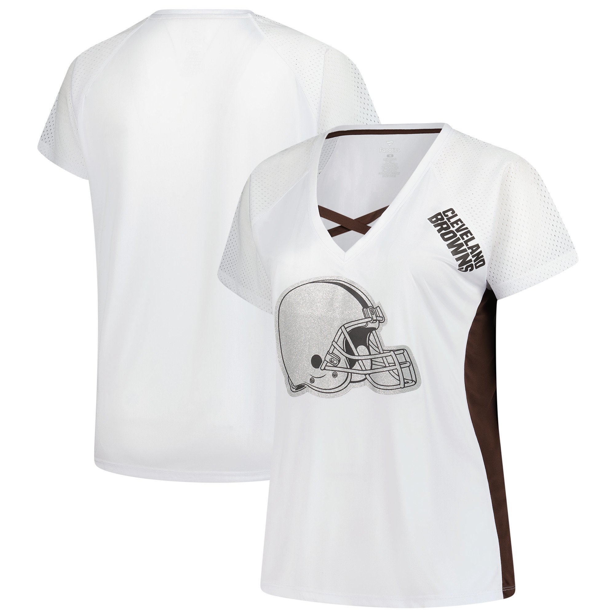 Women's Fanatics White Cleveland Browns Plus Size Glitter Lace-Up V- Neck T-Shirt