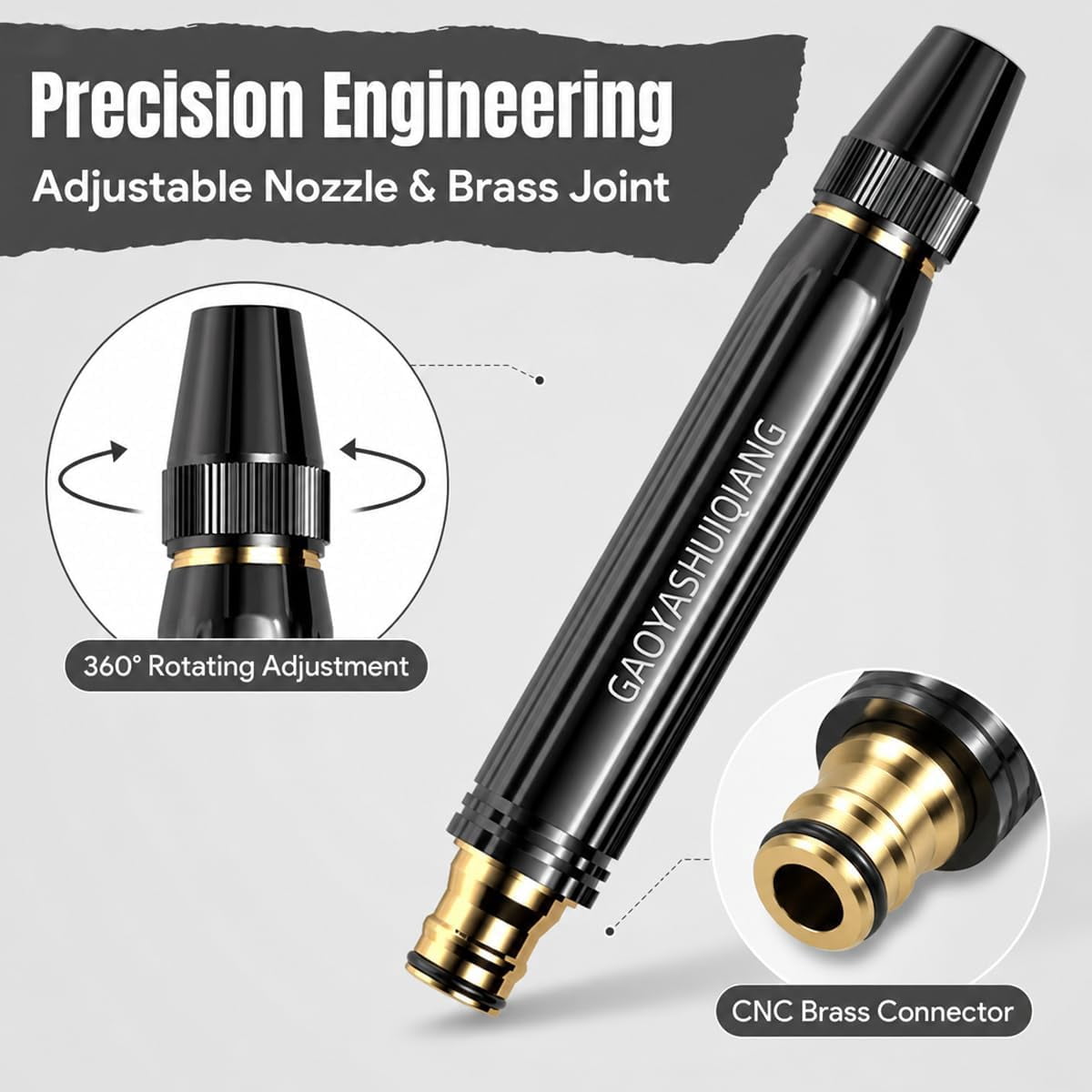 Baerionfig High Pressure Hose Nozzle for Garden Hose, Heavy Duty Metal Power Washer Jet Sprayer with 1/2 Inch Connectors, Adjustable Water Hose Nozzle