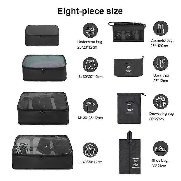Cubos de embalaje para viaje, paquete de 8, organizador de viaje ligero, bolsa impermeable para artículos esenciales de viaje.