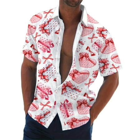 ZHOUCHANKIDS Men s Valentine s Day Printed Short Sleeve Button-Up Casual Shirt for Stylish Outfits and Dates Pink XL