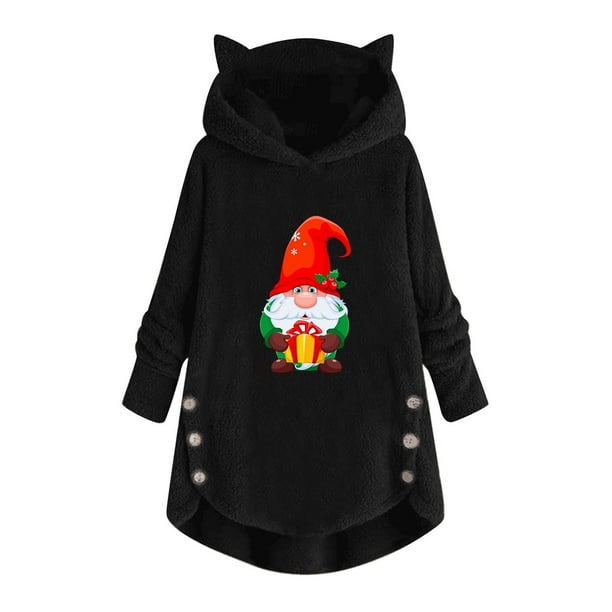 Puntoco Mujer Casual Navidad Impresión Felpa Botones Manga Larga Con Capucha Felpa Abrigo top Selecciones Flash Puntoco Puntoco-5564