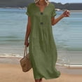 thumbnail image 4 of Women's Cotton Linen Midi Dress Casual Solid Short Sleeve V Neck Button Button Loose Summer Tshirt Dresses Beach Vacation Sundress, 4 of 7
