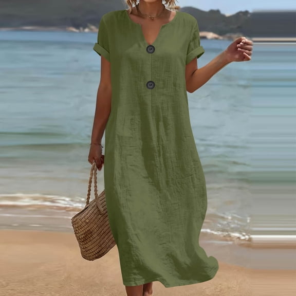 ClodeEU Women's V Neck Short Sleeve Maxi Dress,Casual Loose Fit Tunic Dress with Button Army Green,Women's Plus L