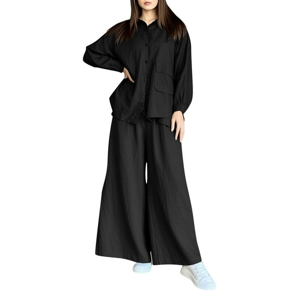 Bosfbaoi Women's Button-Down Outfits- Long Sleeve Loose Fit Shirt and Wide Leg Palazzo Pants Set - Stylish Casual Wear for Everyday Comfort