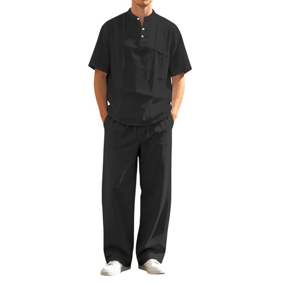 CONZONE Mens 2 Peice Linen Outfits Solid Color Short Sleeve Henley Shirts Pant Sets Breathable Summer Track Suits