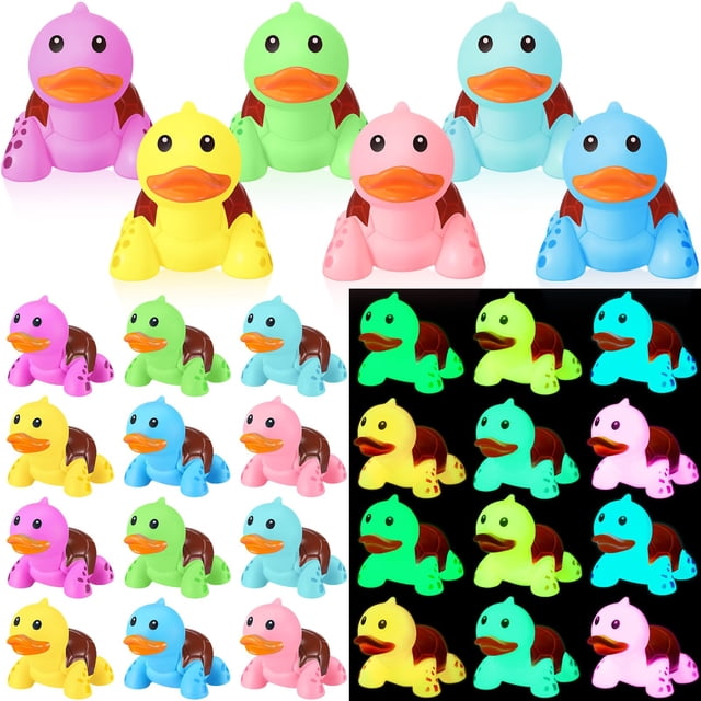 Juguete de baño de goma con forma de tortuga y pato para niños que brillan en la oscuridad, 24 unidades
