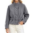 thumbnail image 4 of Iyufng Womens Stand Collar Tweed Jackets Long Sleeve Casual Short Coat with Belted Waist, 4 of 8