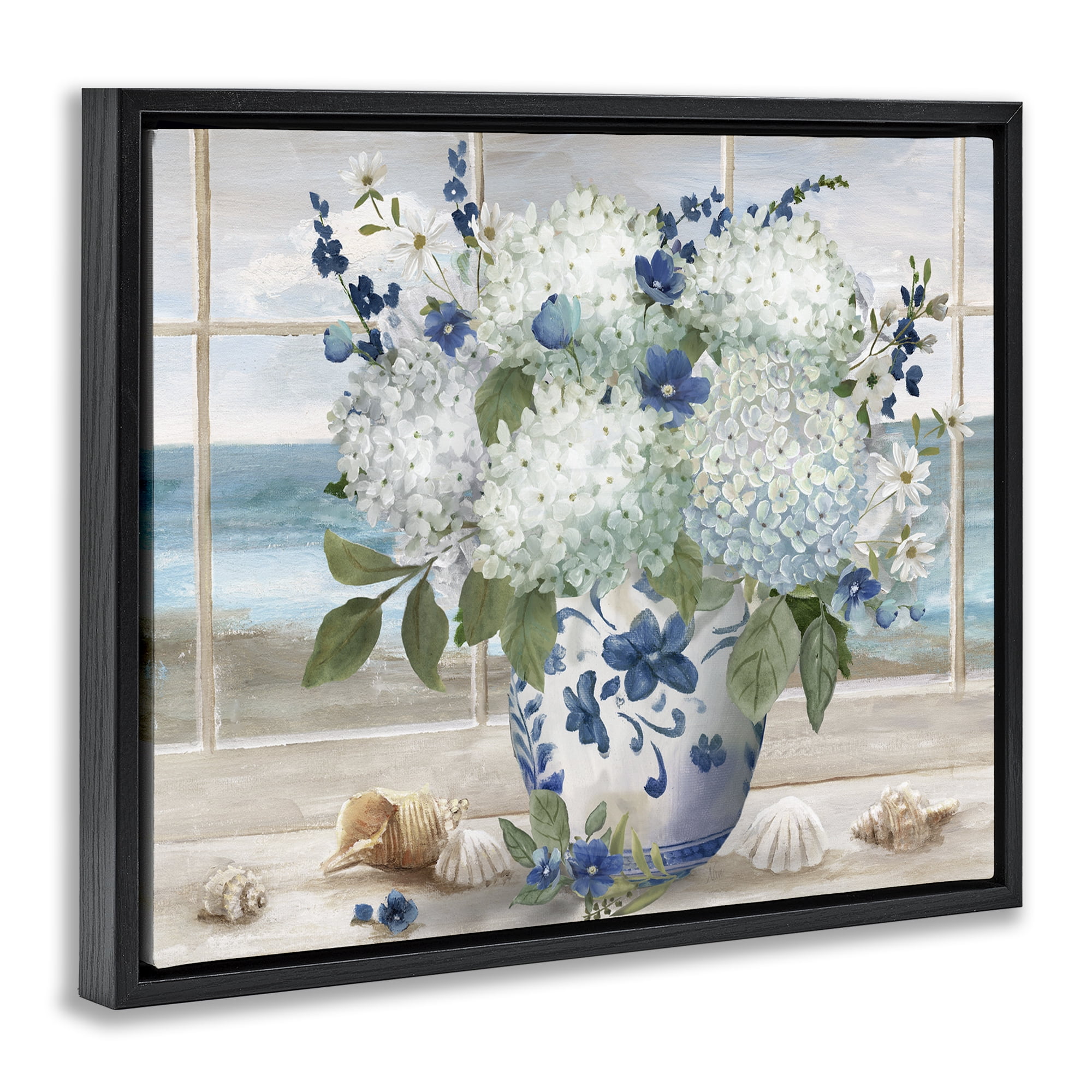 Stupell Industries Seaside Hydrangea Bouquet in Window Black Framed Floater Canvas Wall Art, design by Nan