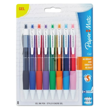 Paper Mate Roller Ball Stick Gel Pen, Assorted Ink, Medium, 8/Pack