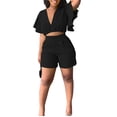 thumbnail image 4 of ibuvkizy Two Piece Sets for Women,Summer Casual Outfit Sets,Women Jogger Outfit Plus Size,Women's Ruffle Short Sleeve V-Neck Top Casual Shorts Summer Plus Size Women Suits,Womens Clothing, 4 of 8