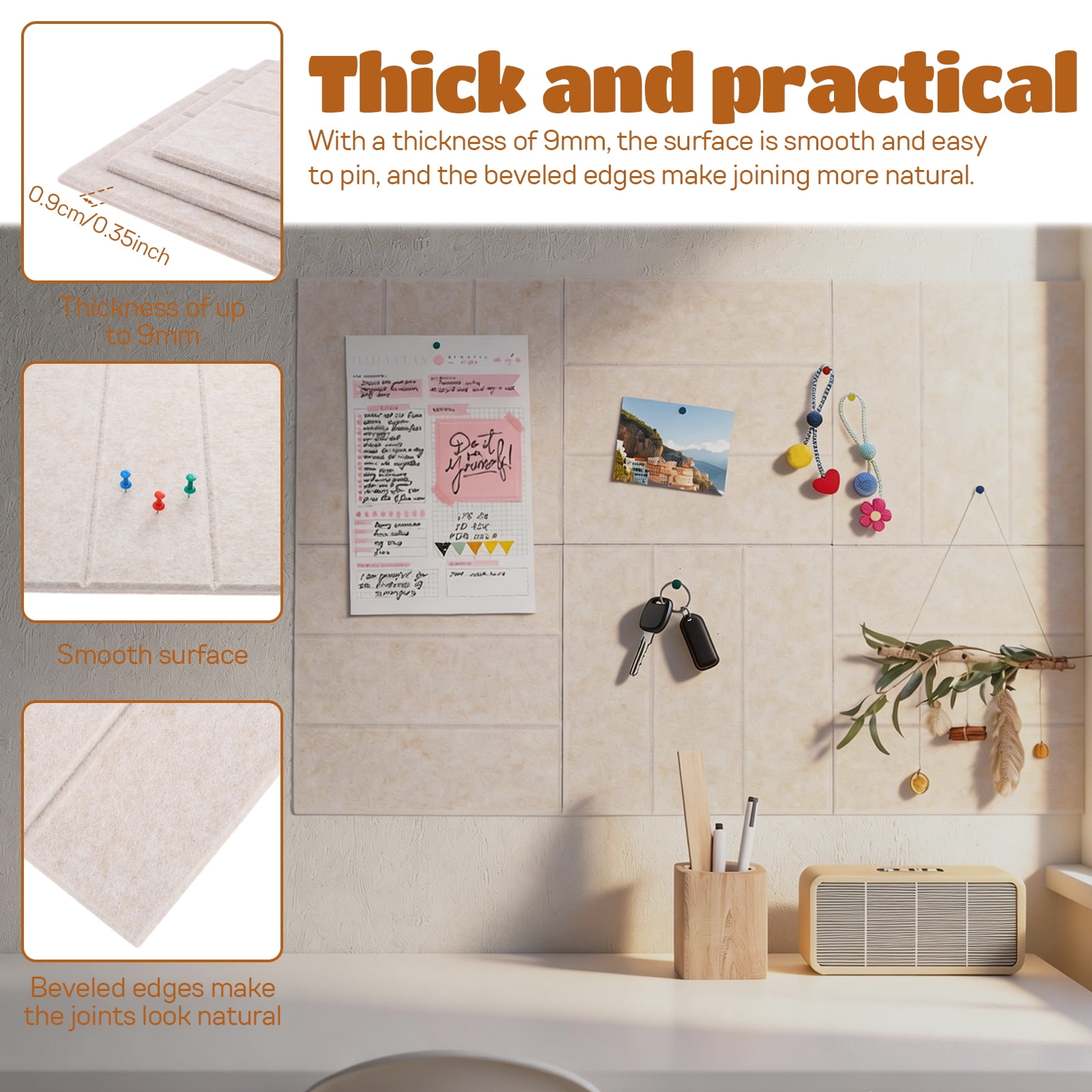 6PCS Felt Bulletin Board Tiles with Adhesive Tabs and Pushpins Felt Wall Tiles Push Pin Board Wall Organizer for Office Home Decoration